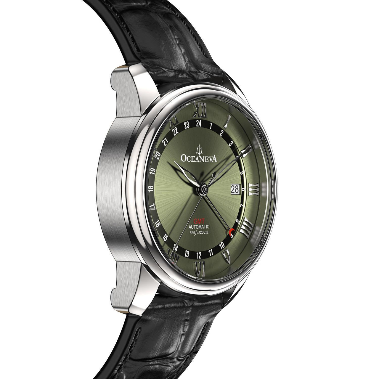 Oceaneva Men's OceanTrek GMT Automatic 200m Leather Olive Drab Watch - OTOD200M34NH-black strap automatic GMT watch, Automatic watches, Diver GMT, GMT Dive Watch