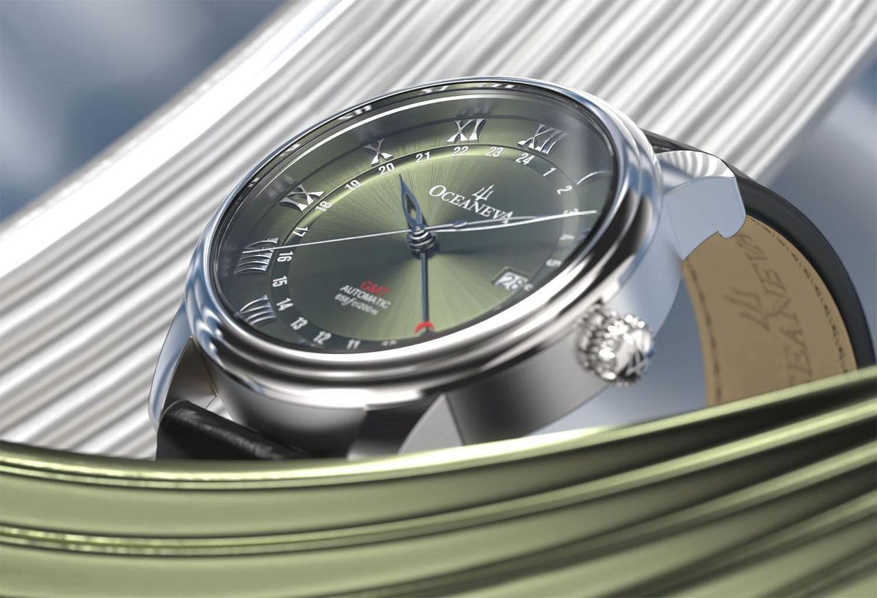 Oceaneva Men's OceanTrek GMT Automatic 200m Leather Olive Drab Watch - OTOD200M34NH-black strap automatic GMT watch, Automatic watches, Diver GMT, GMT Dive Watch