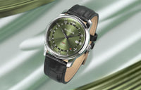 Thumbnail for Oceaneva Men's OceanTrek GMT Automatic 200m Leather Olive Drab Watch - OTOD200M34NH-black strap automatic GMT watch, Automatic watches, Diver GMT, GMT Dive Watch