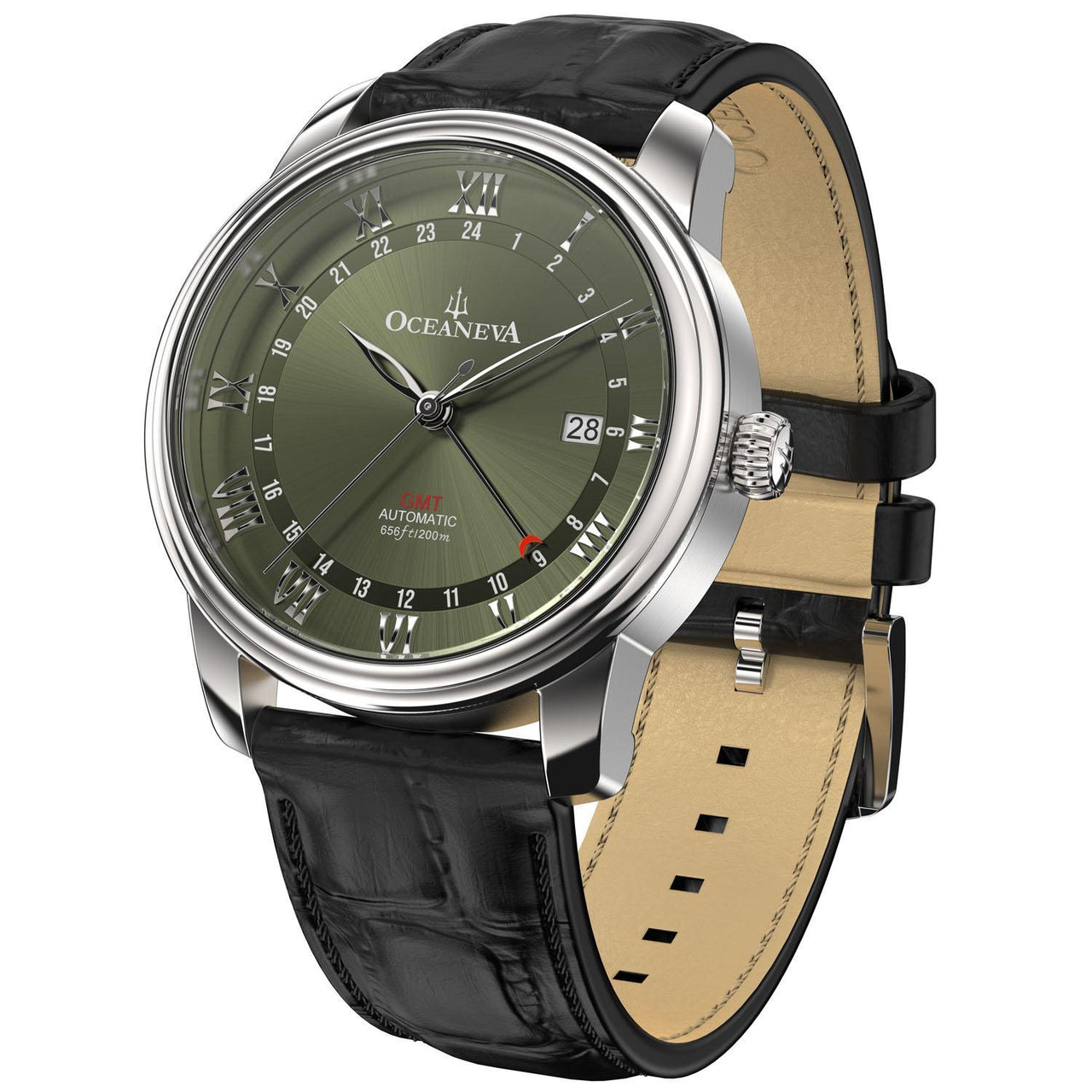 Oceaneva Men's OceanTrek GMT Automatic 200m Leather Olive Drab Watch - OTOD200M34NH-black strap automatic GMT watch, Automatic watches, Diver GMT, GMT Dive Watch