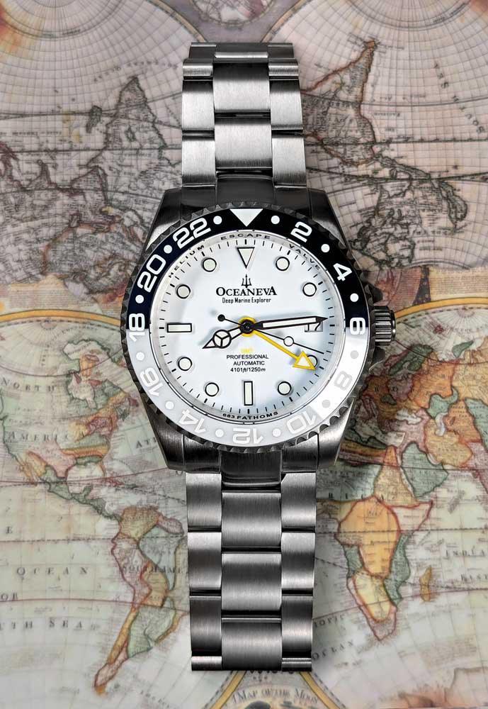 Oceaneva Men's GMT TITANIUM Automatic Deep Marine Explorer 1250M White & Black Ceramic Bezel Watch - WH.BK.NHCR.WH.GMT.TT automatic GMT watch, titanium automatic watch, Titanium GMT, Titanium watches, Titanum GMT watch