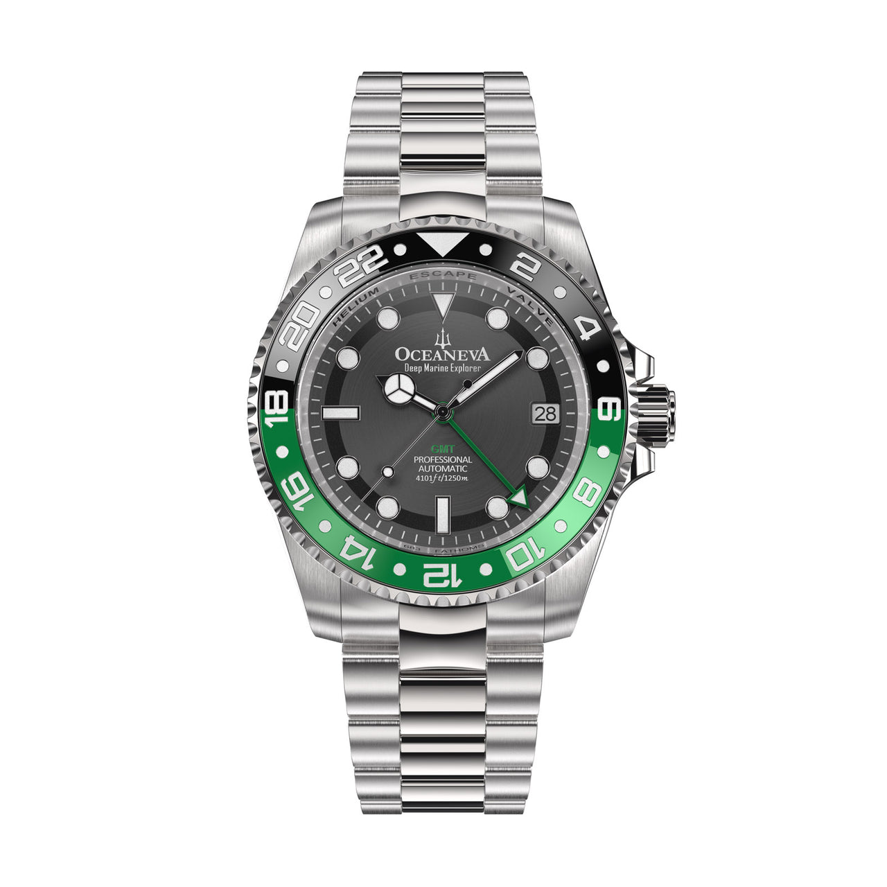Oceaneva™ Men's GMT Automatic Deep Marine Explorer 1250M Pro Diver Black Green Bezel Watch
