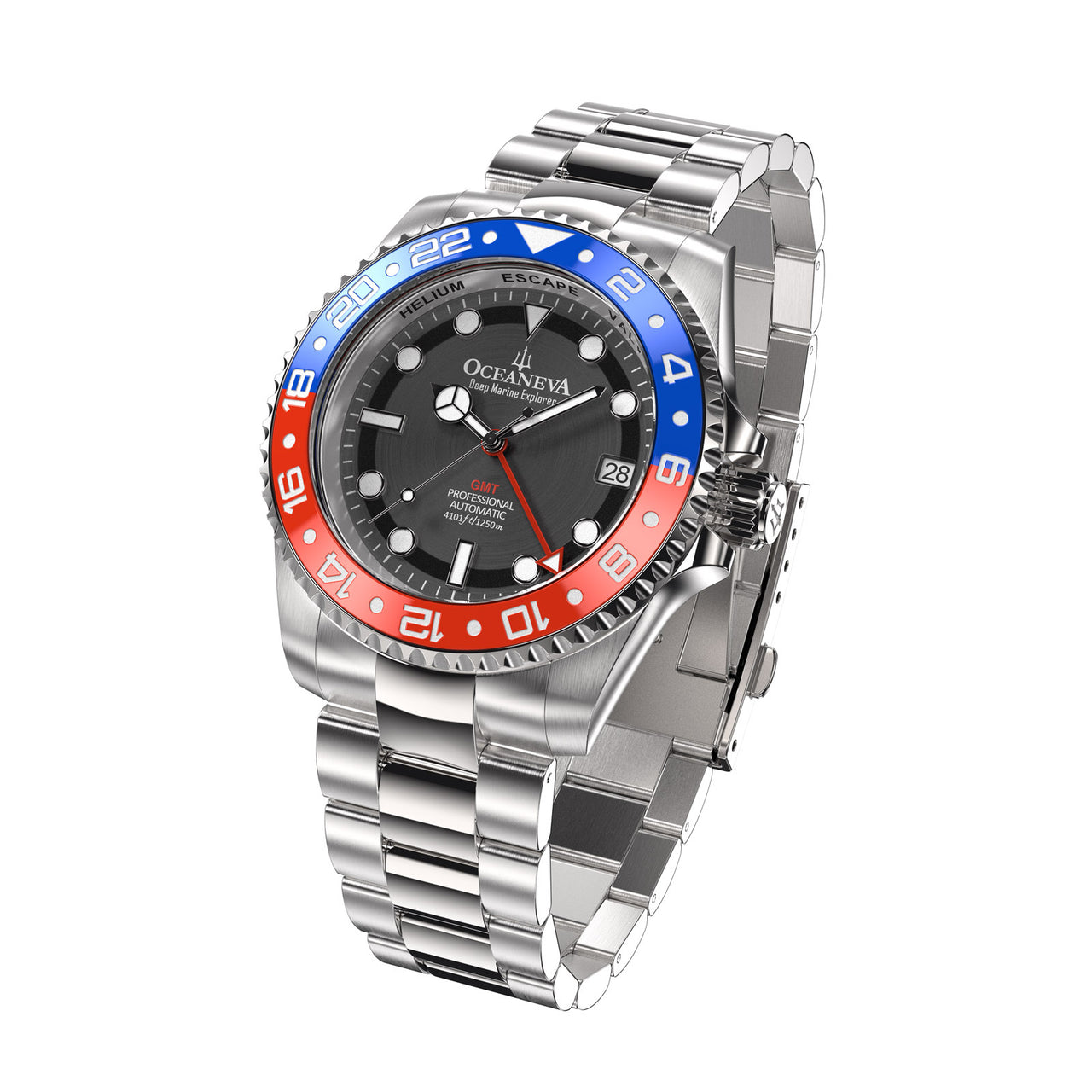 Oceaneva™ Men's GMT Automatic Deep Marine Explorer 1250M Pro Diver Red Blue Bezel Watch