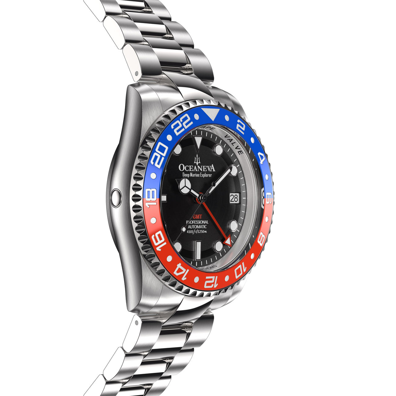 Oceaneva™ Men's GMT Automatic Deep Marine Explorer 1250M Pro Diver Red Blue Bezel Watch