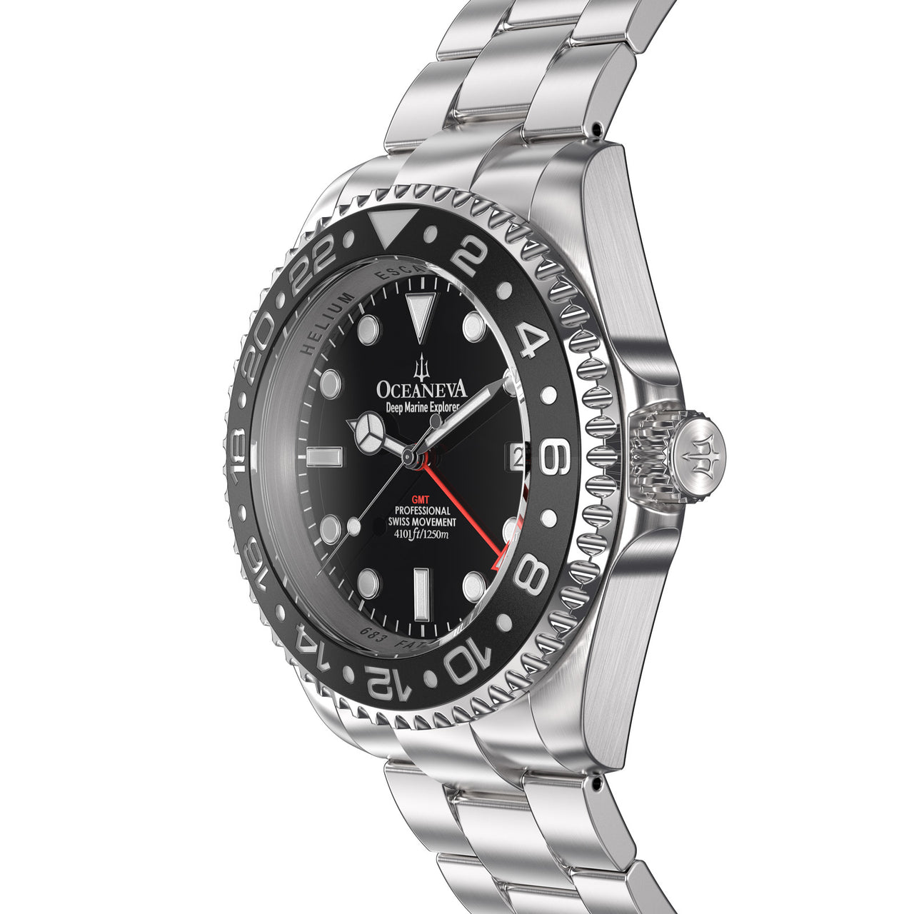 Oceaneva 1250M GMT Dive Watch Black Side View Crown