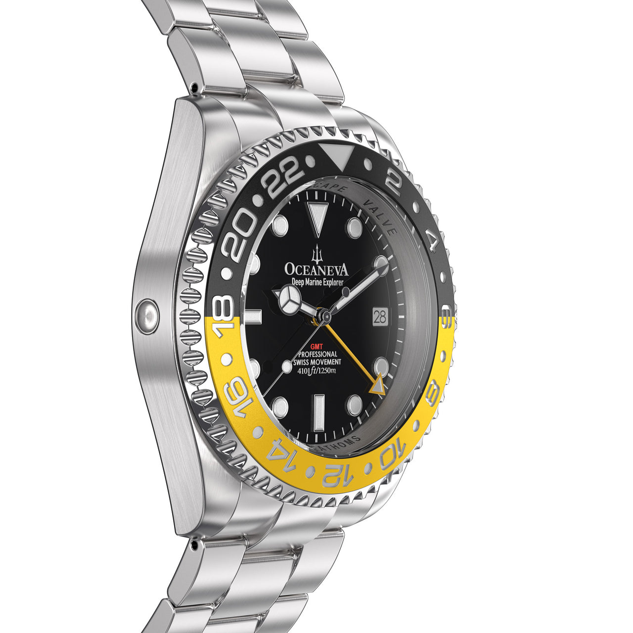 Oceaneva 1250M GMT Dive Watch Black And Yellow Side Helium Escape Valve View
