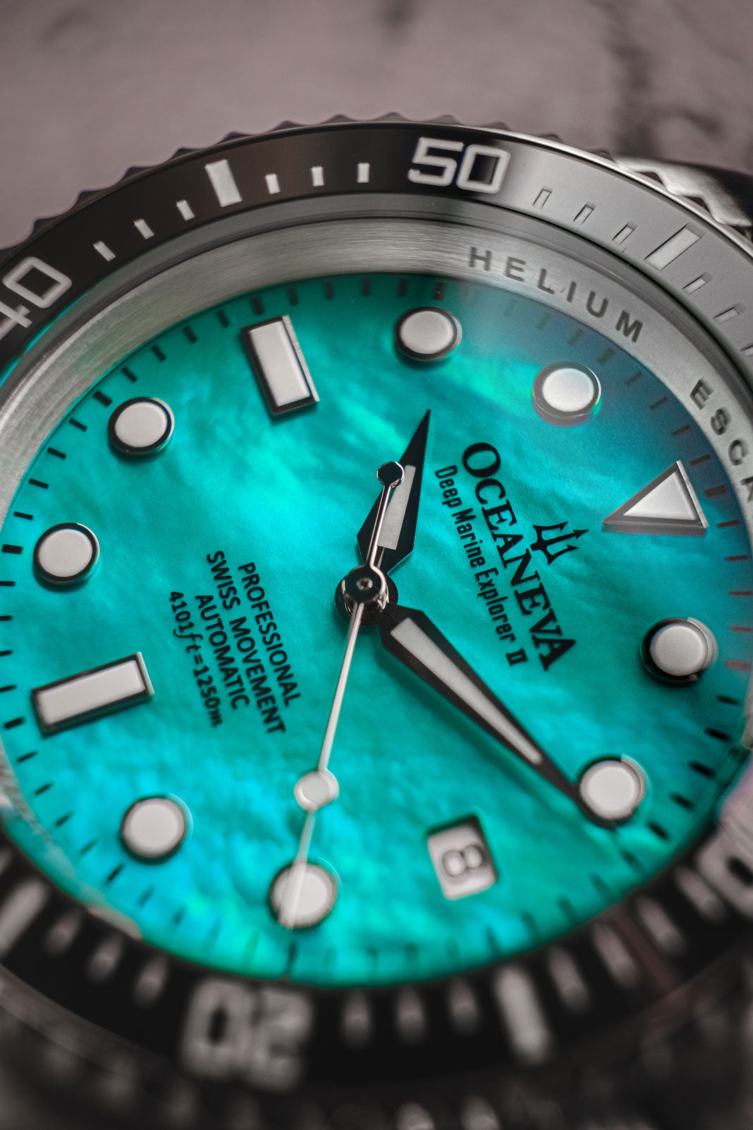 Oceaneva™ Men's Deep Marine Explorer II 1250M Pro Diver Watch Aquamarine Mother of Pearl Dial