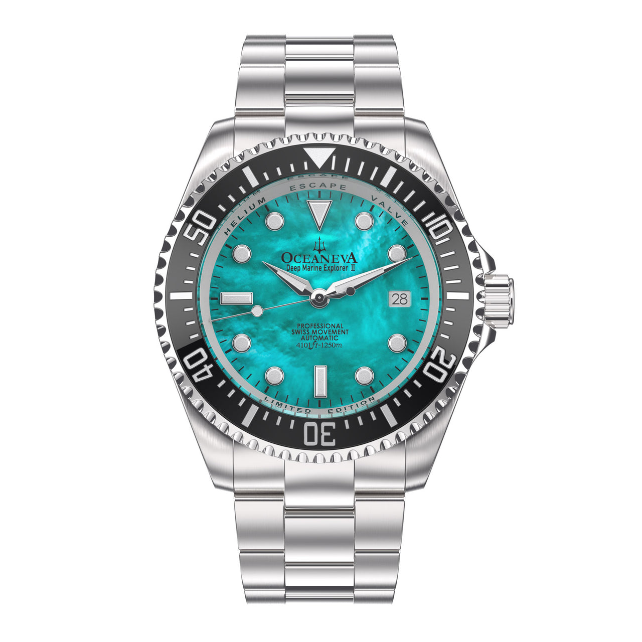 Oceaneva™ Men's Deep Marine Explorer II 1250M Pro Diver Watch Aquamarine Mother of Pearl Dial