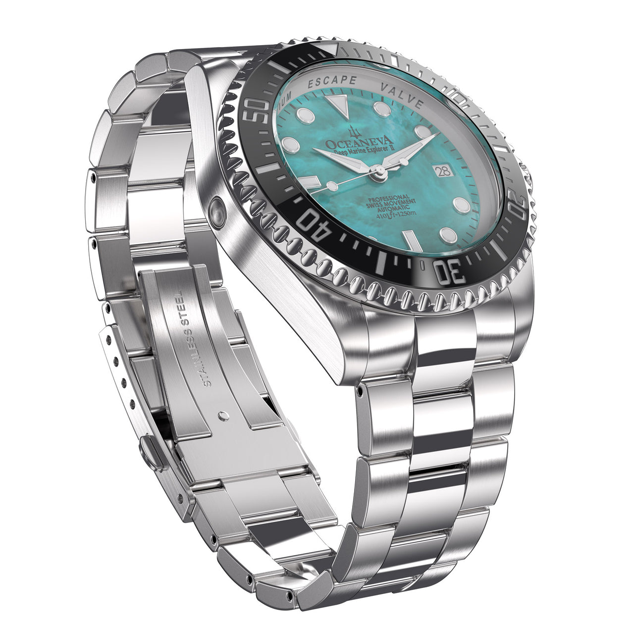 Oceaneva 1250M Dive Watch Aquamarine Mother of Pearl Front Picture Slight Right Slant View