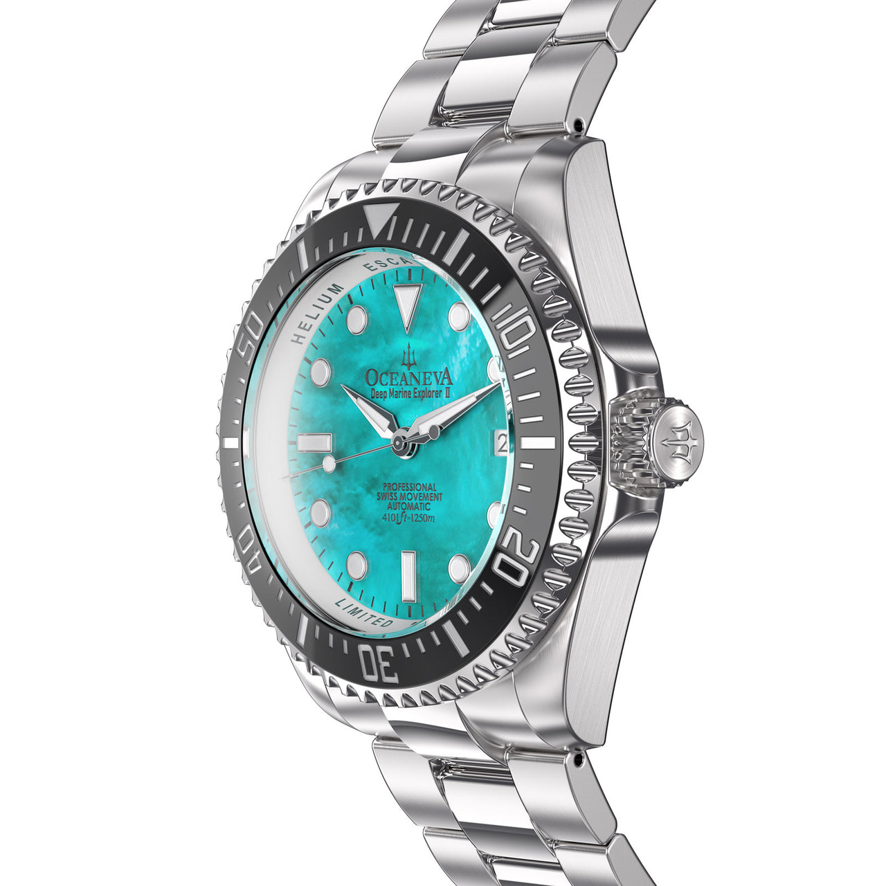 Oceaneva 1250M Dive Watch Aquamarine Mother of Pearl Side View Crown