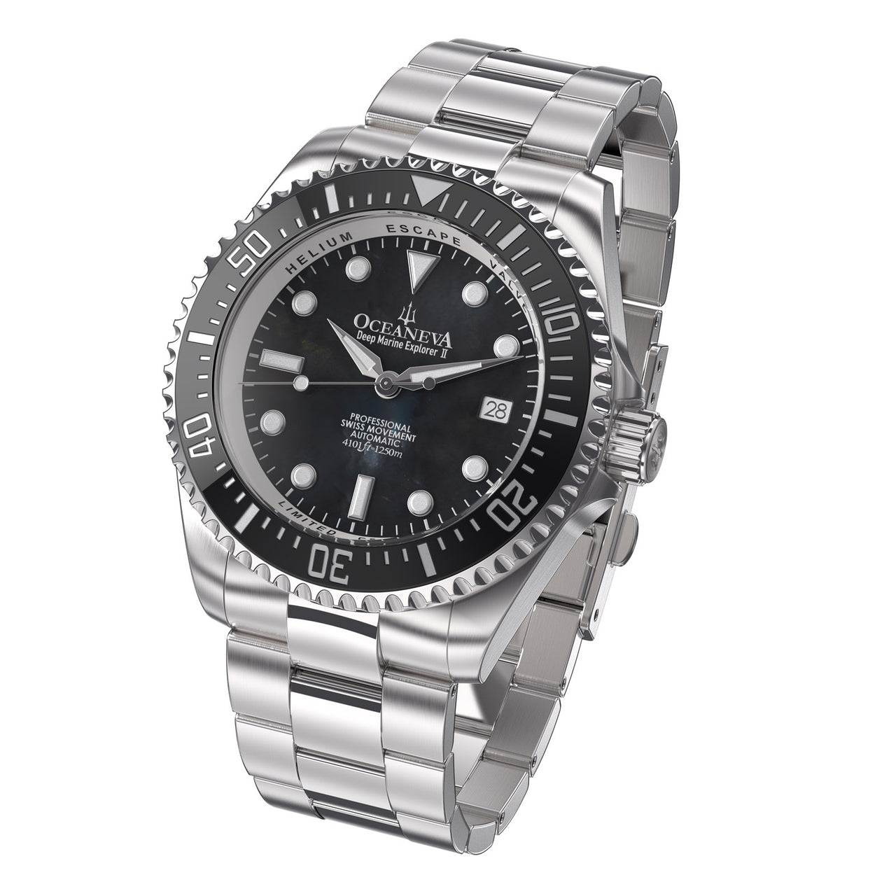 Oceaneva 1250M Dive Watch Black Mother of Pearl Front Picture Slight Left Slant View