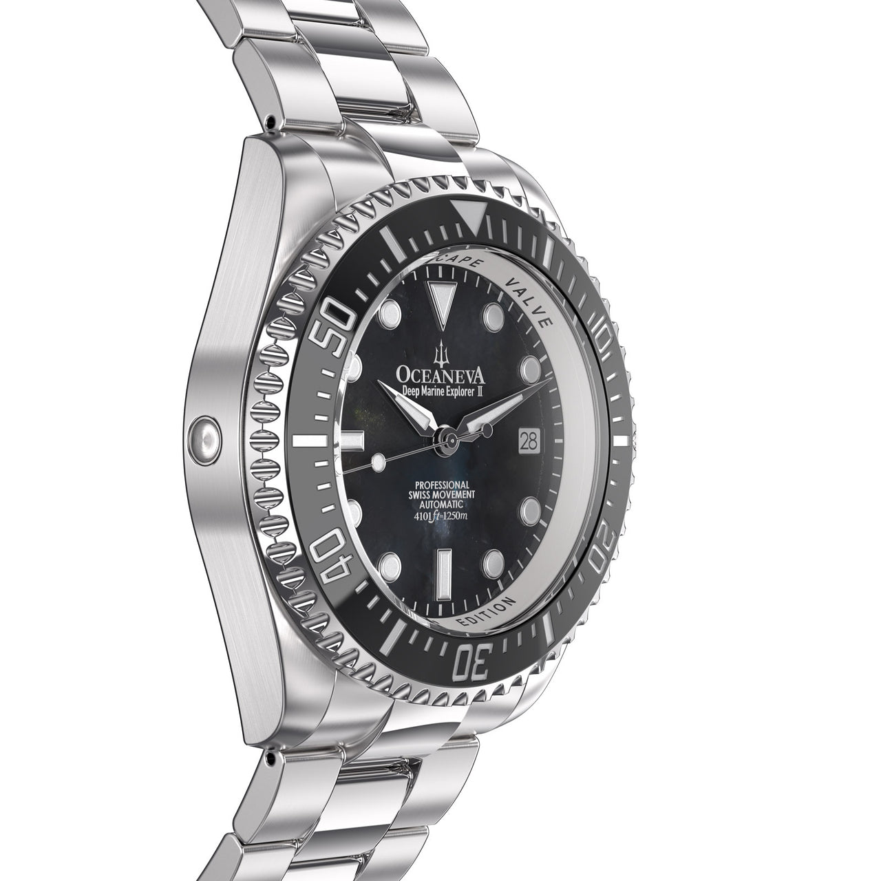 Oceaneva 1250M Dive Watch Black Mother of Pearl Side Helium Escape Valve View