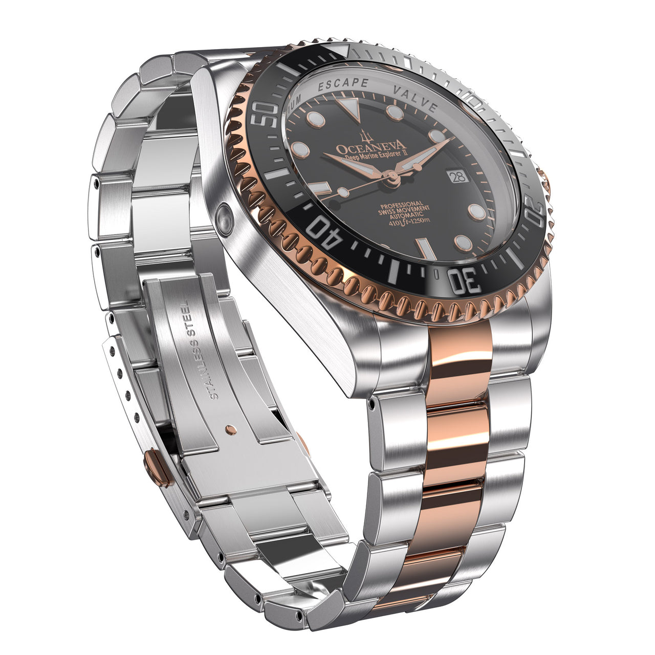 Oceaneva 1250M Dive Watch Black And Rose Gold Front Picture Slight Right View and Inside Of Clasp