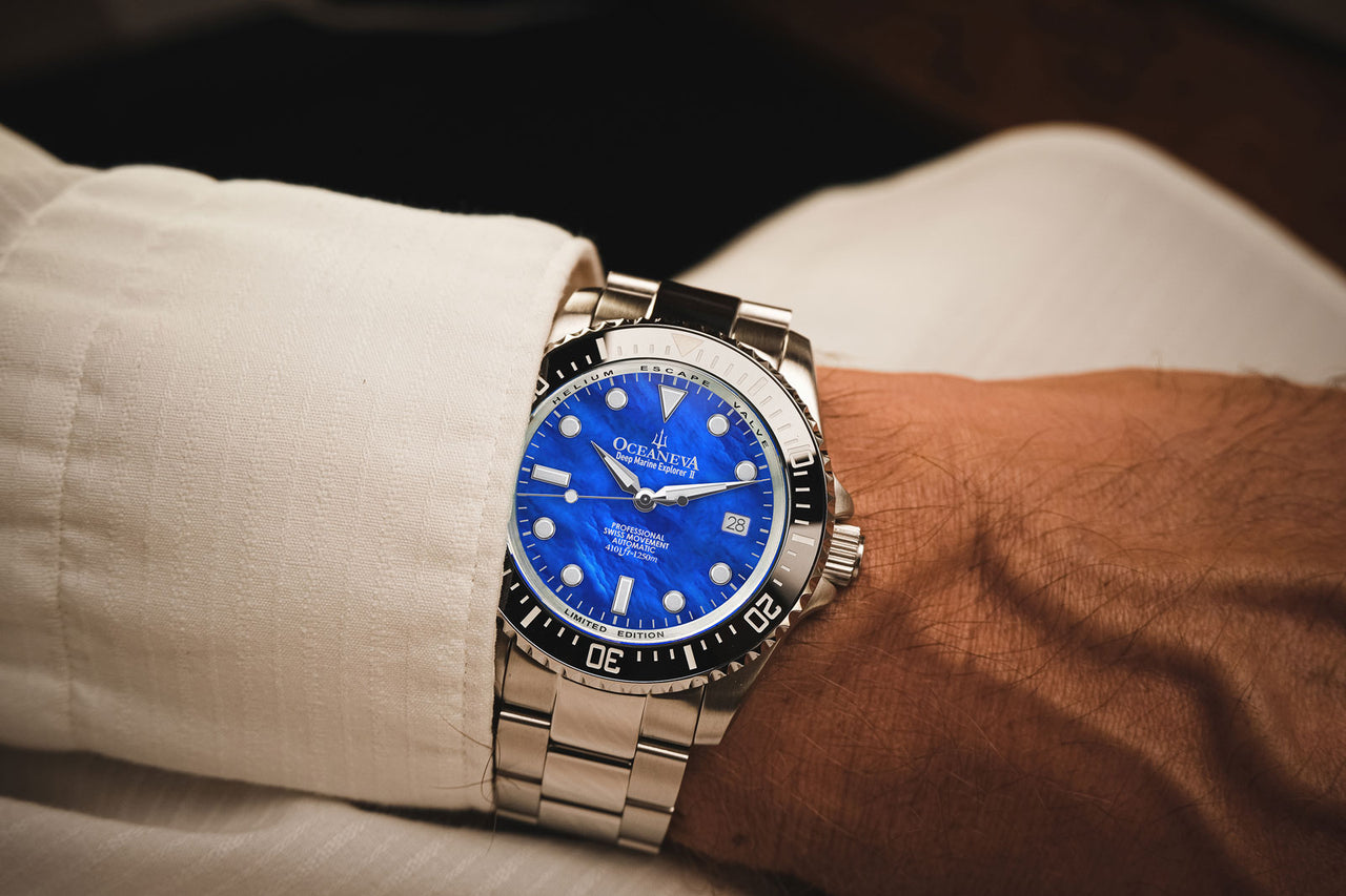 Oceaneva 1250M Dive Watch Blue Mother Of Pearl On Wrist White Sleeve