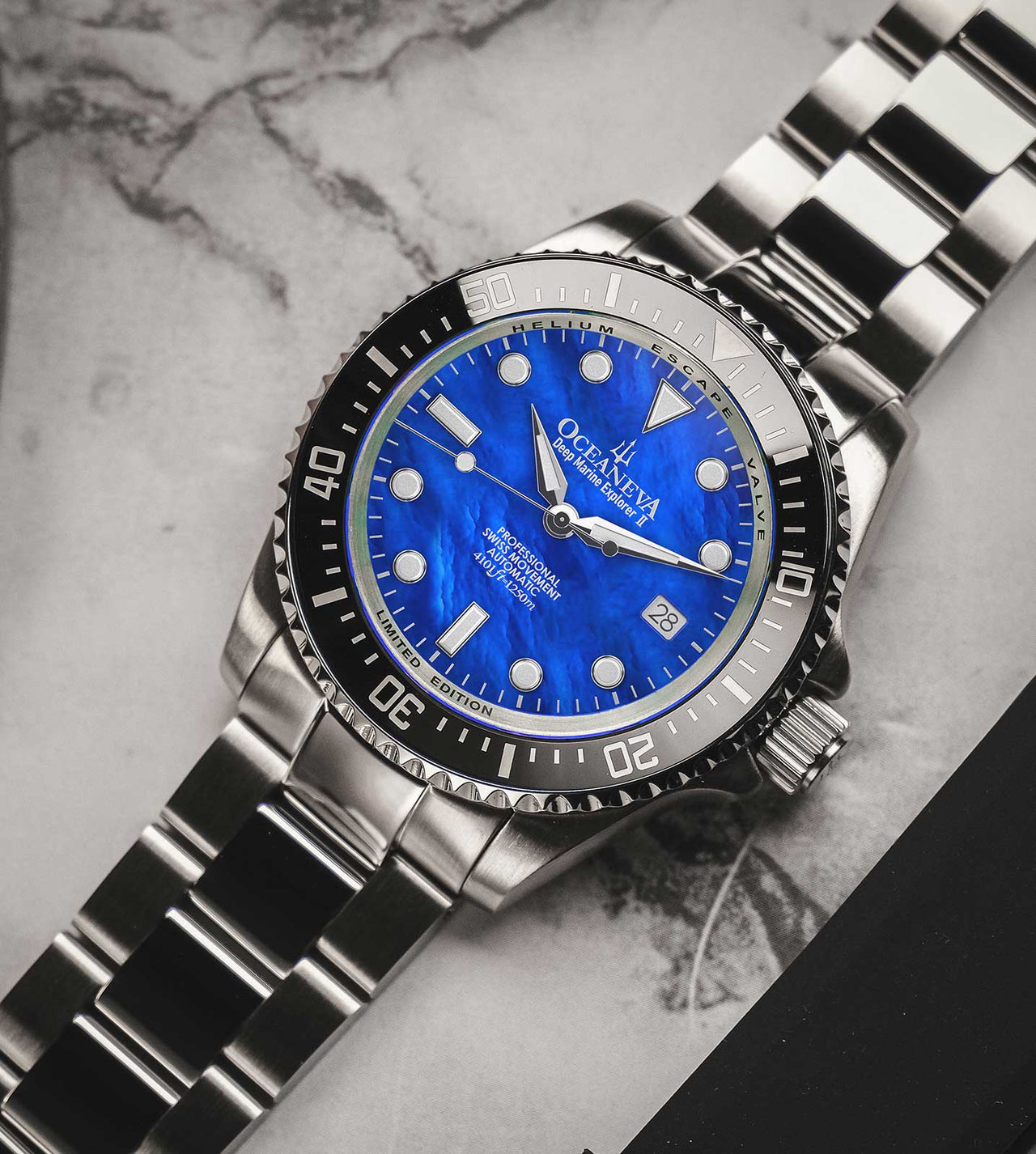 Oceaneva 1250M Dive Watch Blue Mother Of Pearl On Bracelet Marble