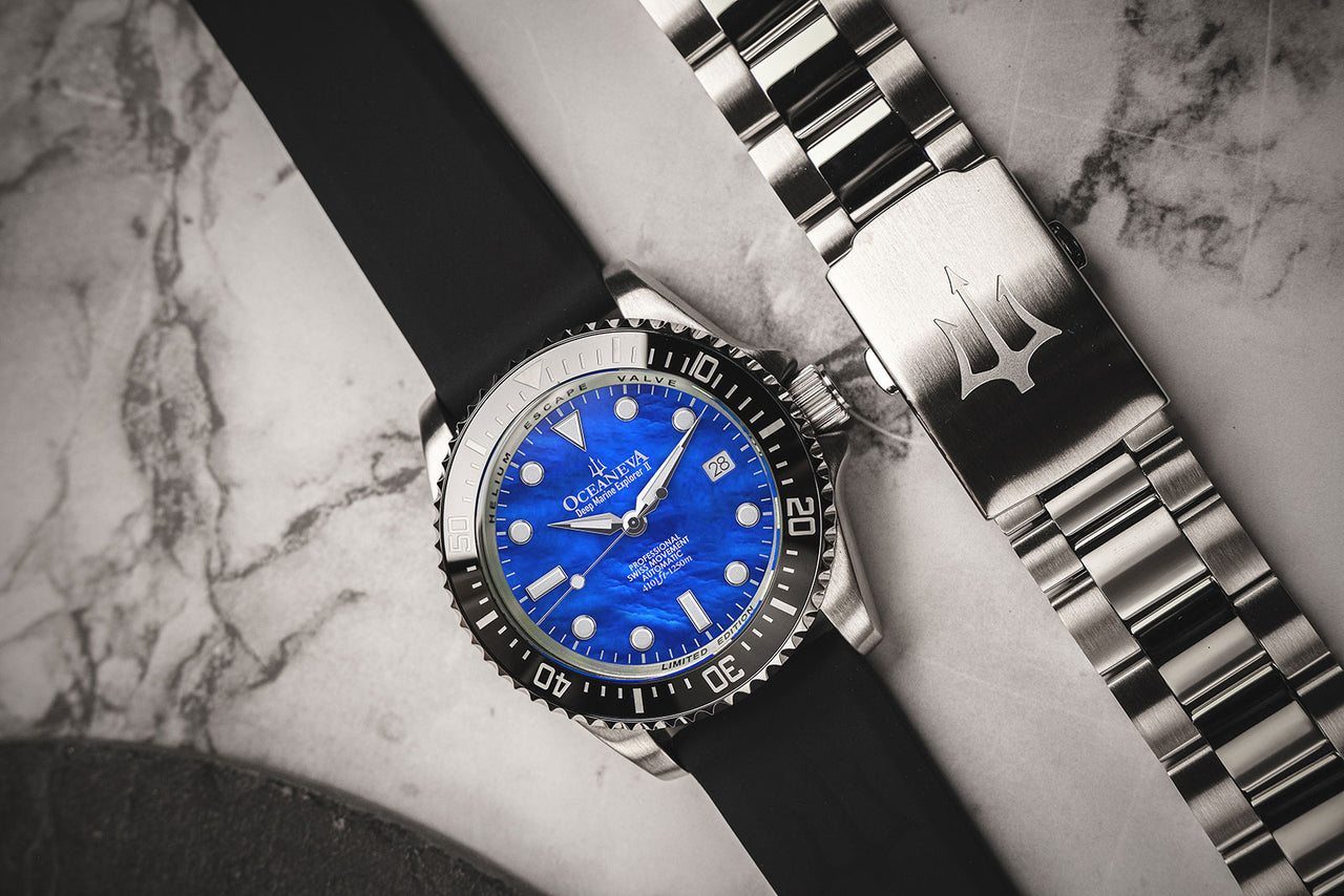Oceaneva 1250M Dive Watch Blue Mother Of Pearl On Rubber Strap With Bracelet