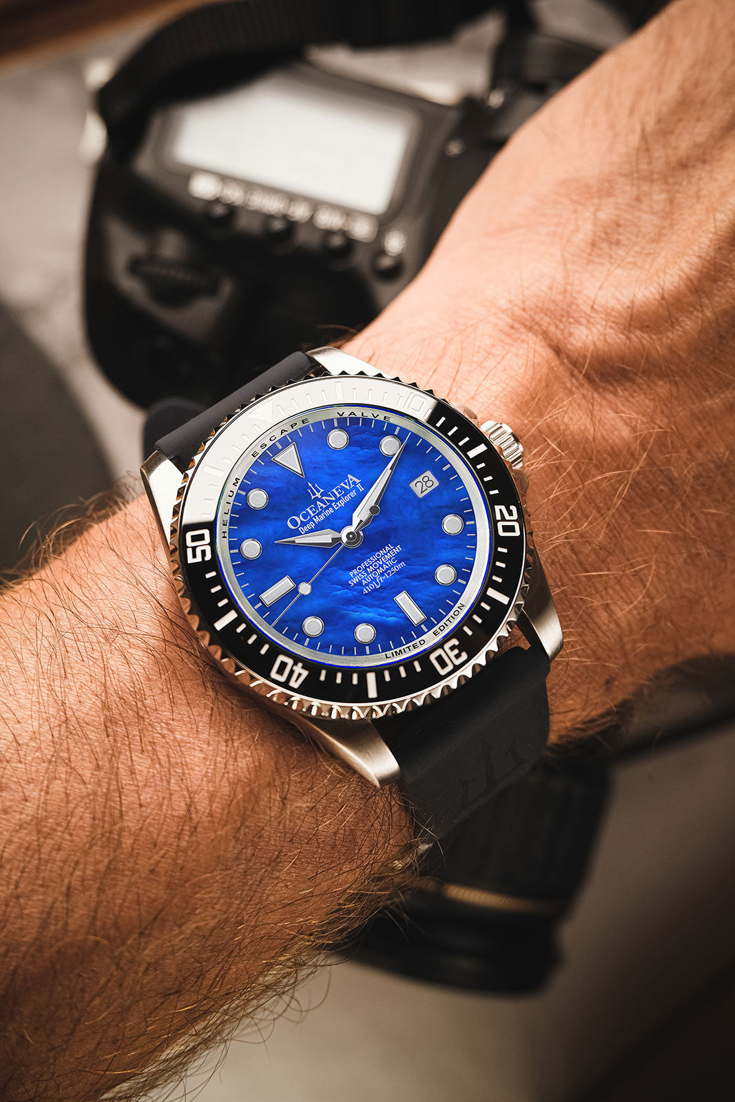 Oceaneva 1250M Dive Watch Blue Mother Of Pearl On Wrist Rubber Strap