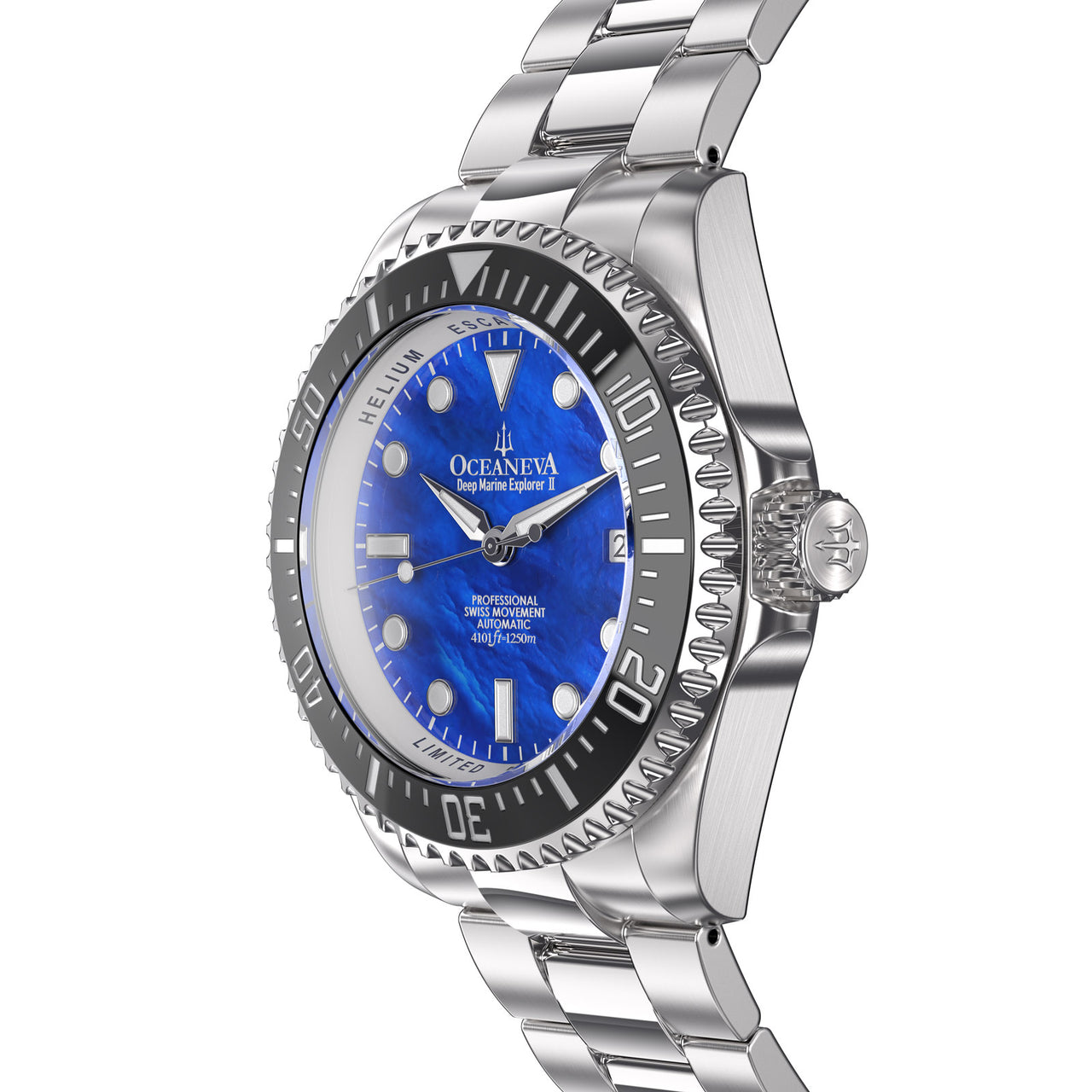 Oceaneva 1250M Dive Watch Blue Mother of Pearl Side View Crown