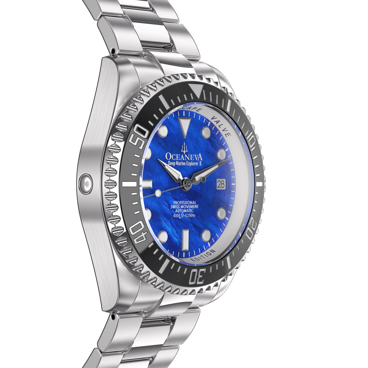 Oceaneva 1250M Dive Watch Blue Mother of Pearl Side Helium Escape Valve View