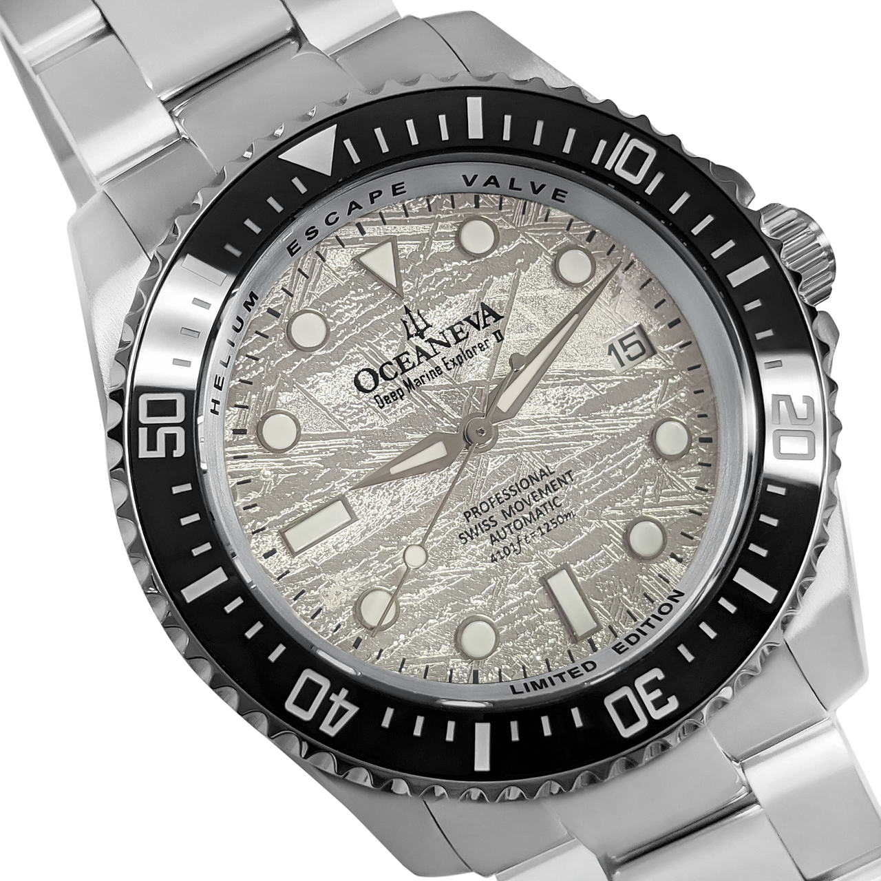 Oceaneva™ Men's Deep Marine Explorer 1250M Pro Diver Watch Silver Meteorite Dial - main