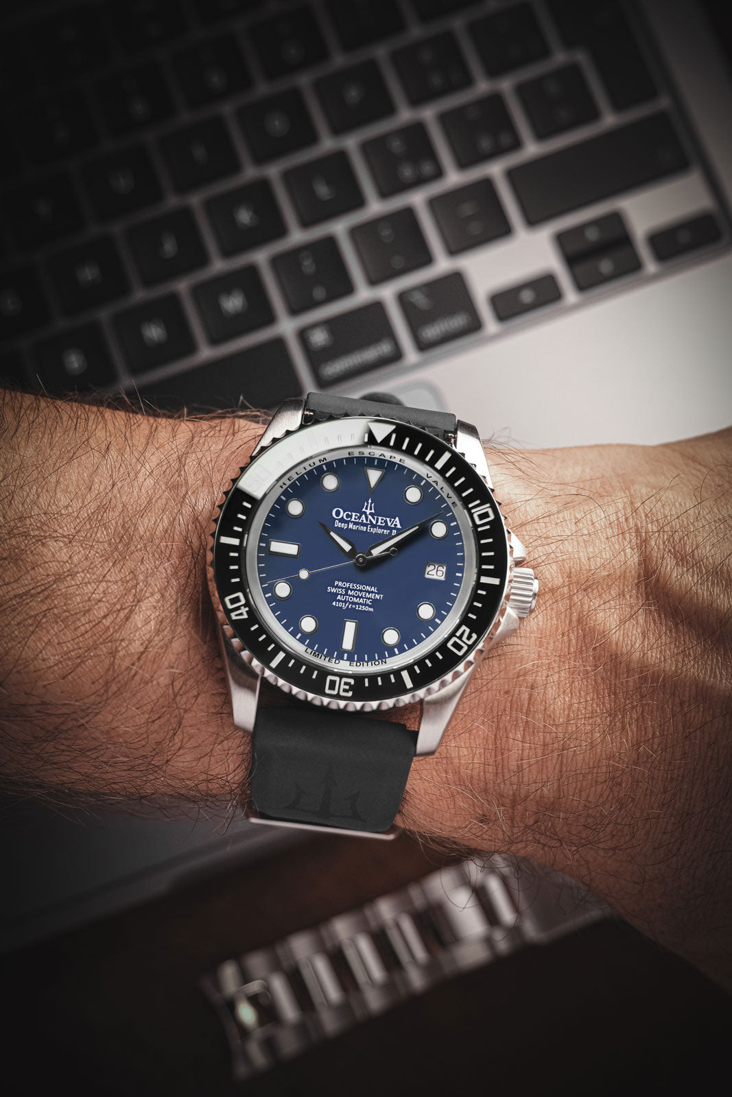 Oceaneva 1250M Dive Watch Navy Blue On Wrist Rubber Strap