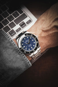 Thumbnail for Oceaneva 1250M Dive Watch Navy Blue On Wrist Denim Sleeve