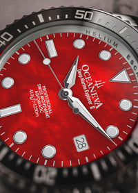 Thumbnail for Oceaneva 1250M Dive Watch Red Mother Of Pearl Dial Close Up