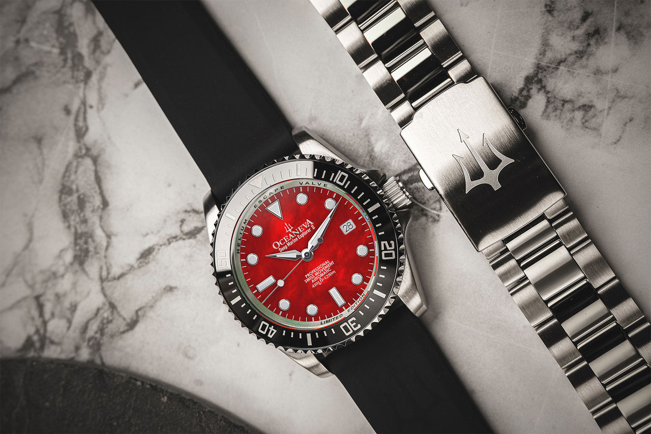 Oceaneva 1250M Dive Watch Red Mother Of Pearl On Rubber Strap With Bracelet