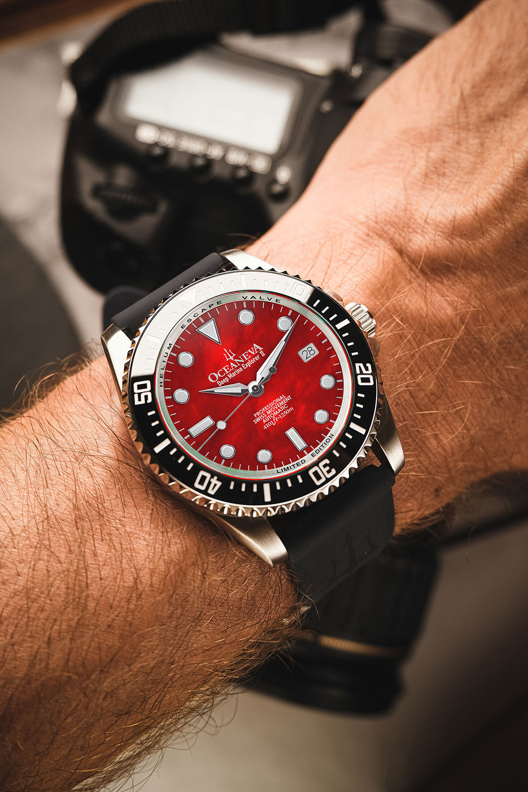 Oceaneva 1250M Dive Watch Red Mother Of Pearl On Wrist Rubber Strap