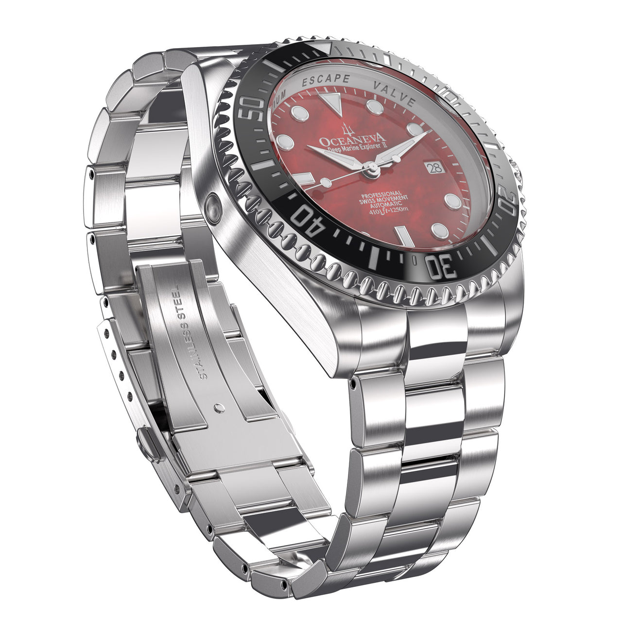 Oceaneva 1250M Dive Watch Red Mother of Pearl Front Picture Slight Right Slant View