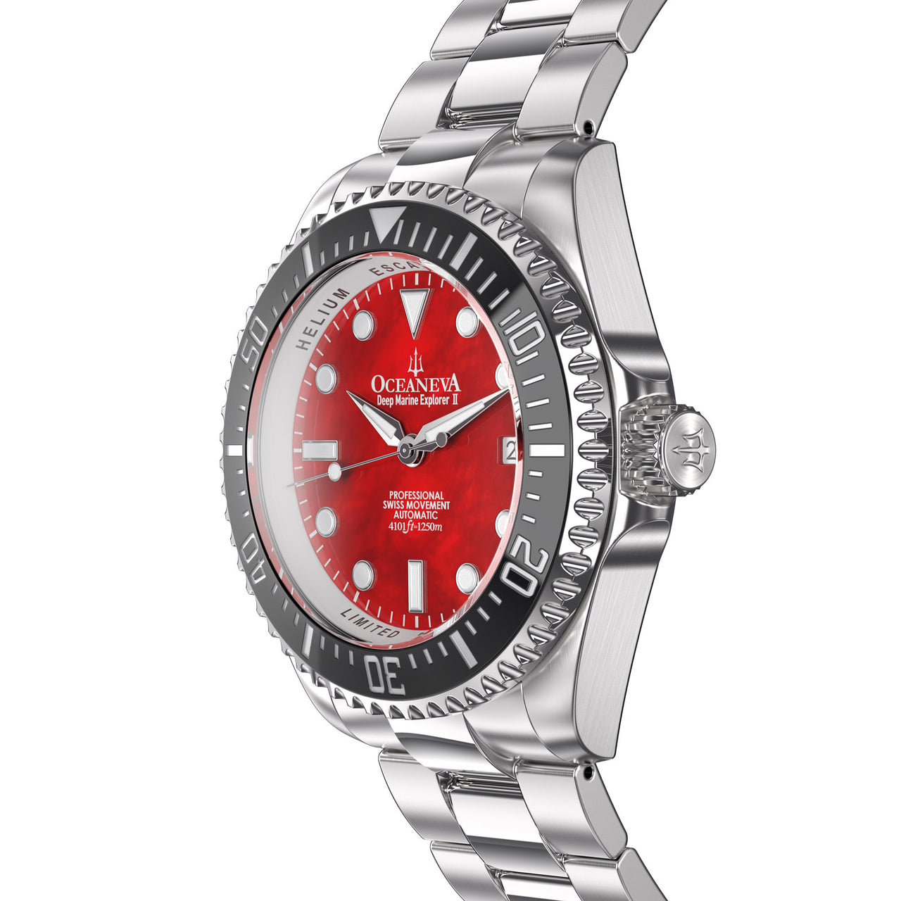 Oceaneva 1250M Dive Watch Red Mother of Pearl Side View Crown