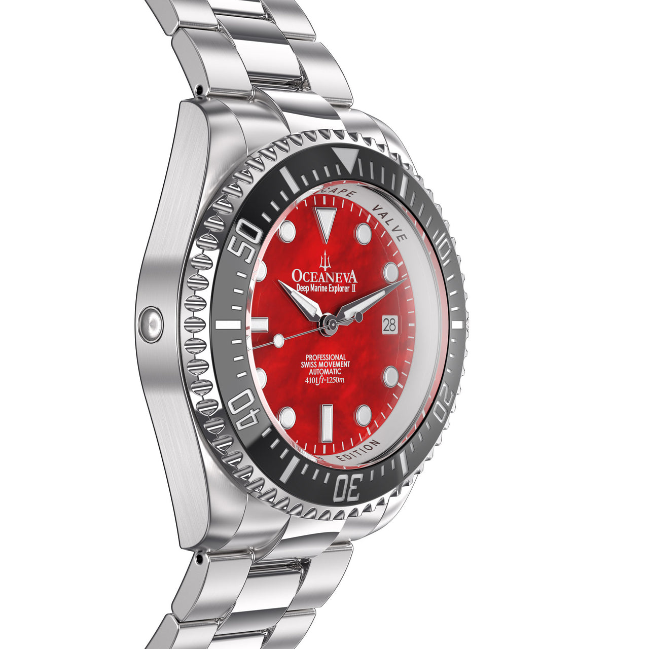 Oceaneva 1250M Dive Watch Red Mother of Pearl Side Helium Escape Valve View