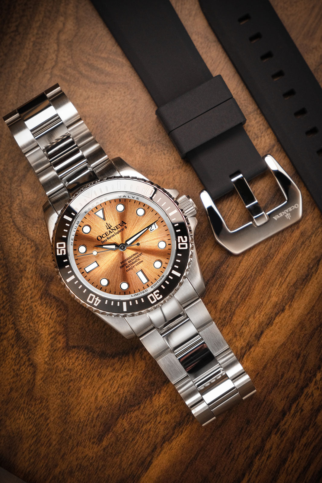 Oceaneva 1250M Dive Watch Copper On Bracelet Wooden Table