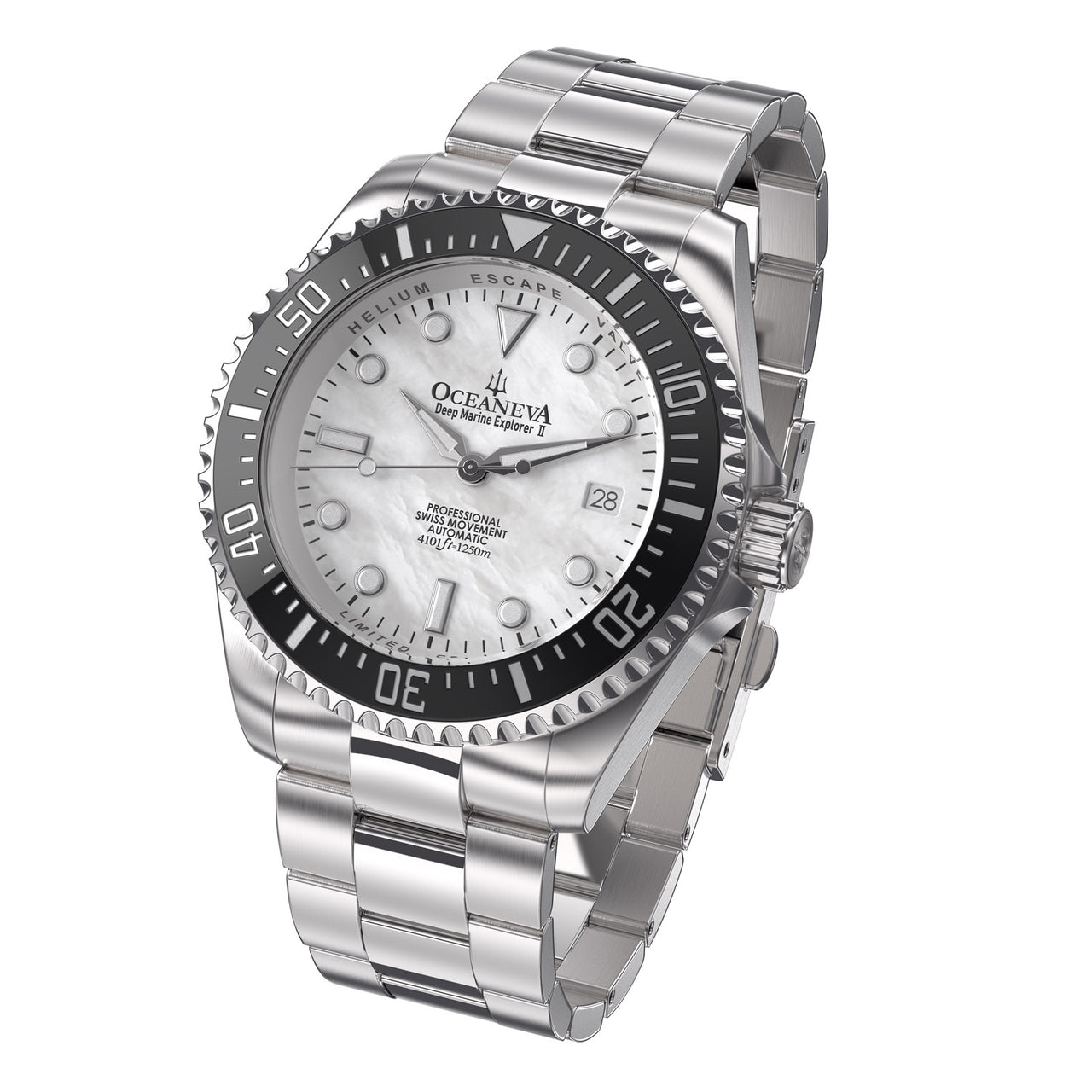 Oceaneva 1250M Dive Watch White Mother Of Pearl Front Picture Slight Left Slant View