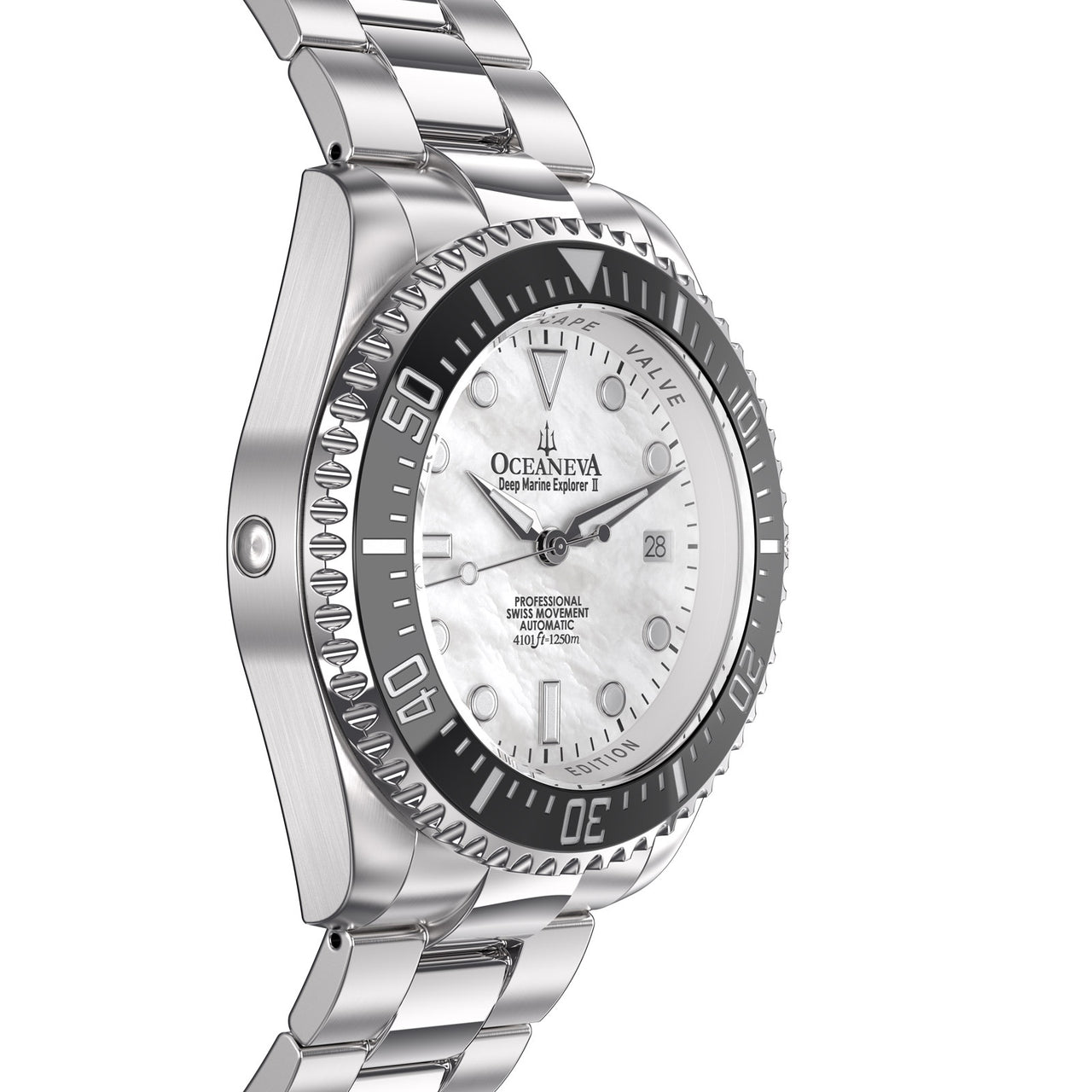 Oceaneva 1250M Dive Watch White Mother Of Pearl Side Helium Escape Valve View