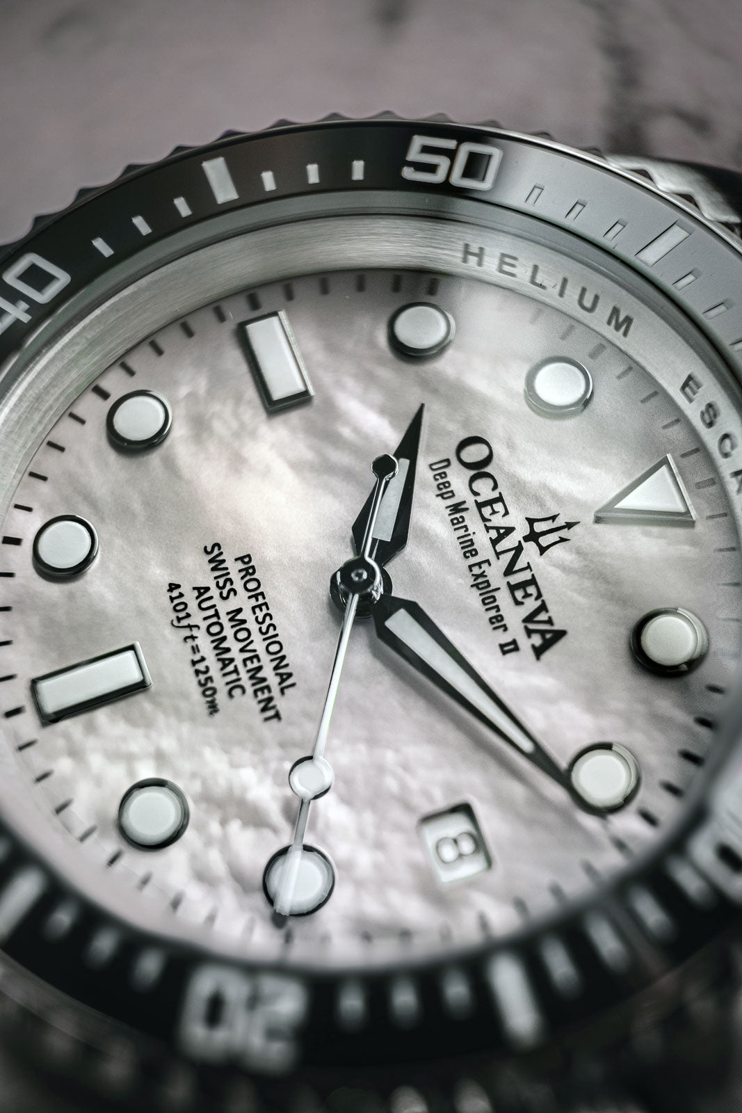 Oceaneva 1250M Dive Watch White Mother Of Pearl Dial Close Up