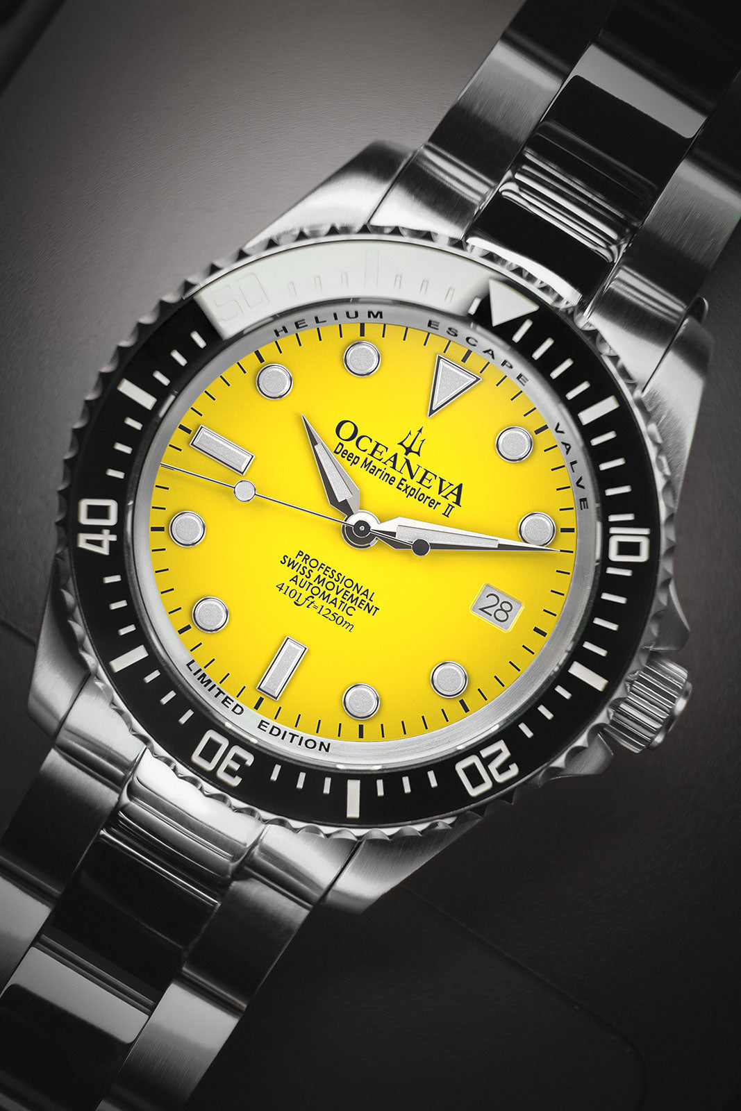 Oceaneva 1250M Dive Watch Yellow Straight Front Close Up