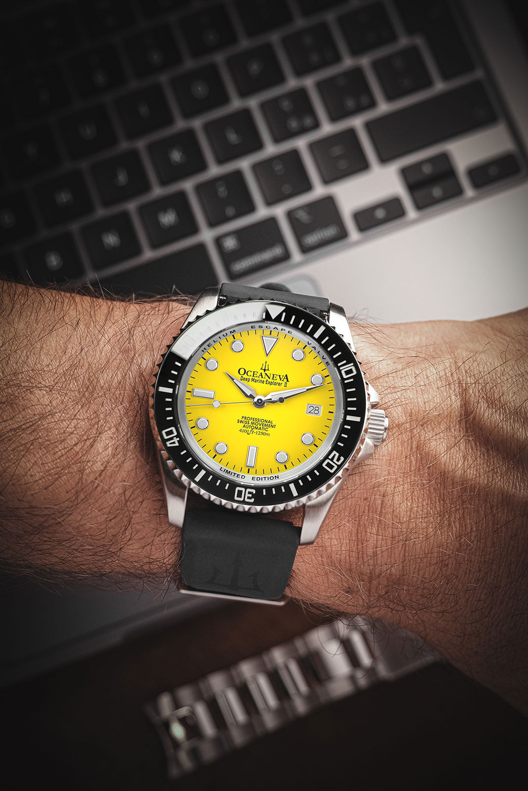 Oceaneva 1250M Dive Watch Yellow On Wrist Rubber Strap
