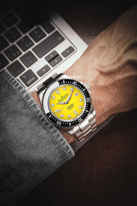 Thumbnail for Oceaneva 1250M Dive Watch Yellow On Wrist Denim Sleeve