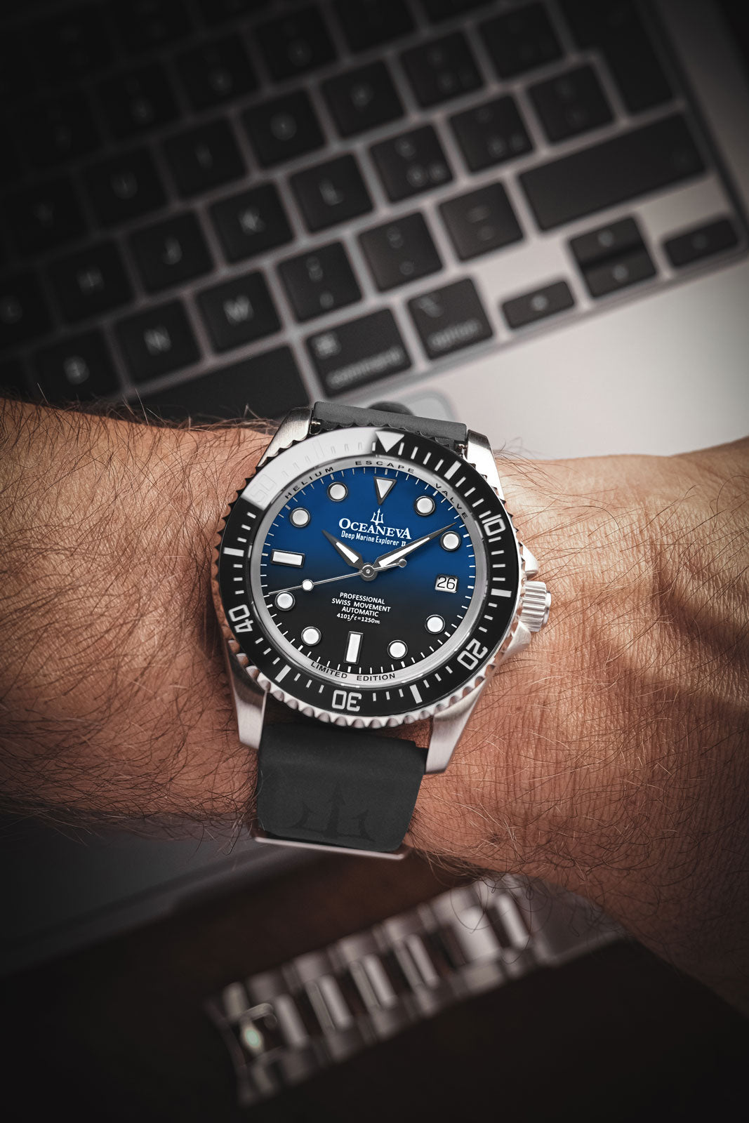 Oceaneva 1250M Dive Watch Blue Black On Wrist Rubber Strap