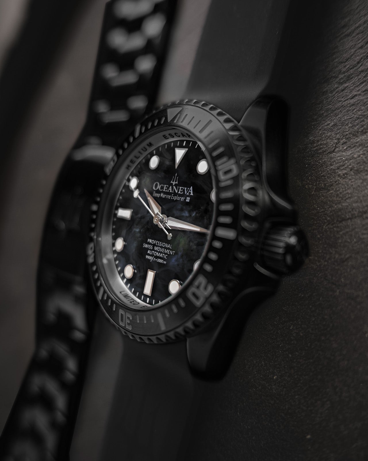 Oceaneva 3000M Dive Watch Black Mother of Pearl Side View With Rubber Strap