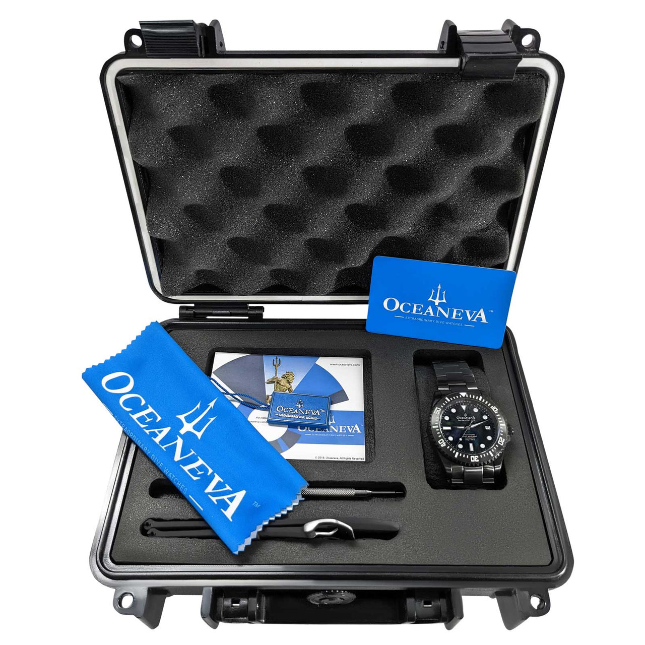 Oceaneva Men's Deep Marine Explorer III 3000M Pro Diver Watch Black Mother Of Pearl Dial Black IP With Packaging