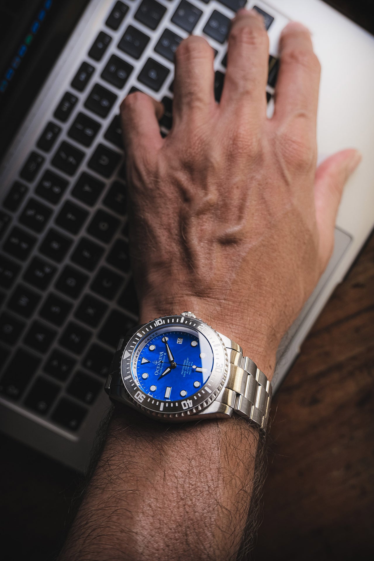 Oceaneva 3000M Dive Watch Blue Mother of Pearl On Wrist 2