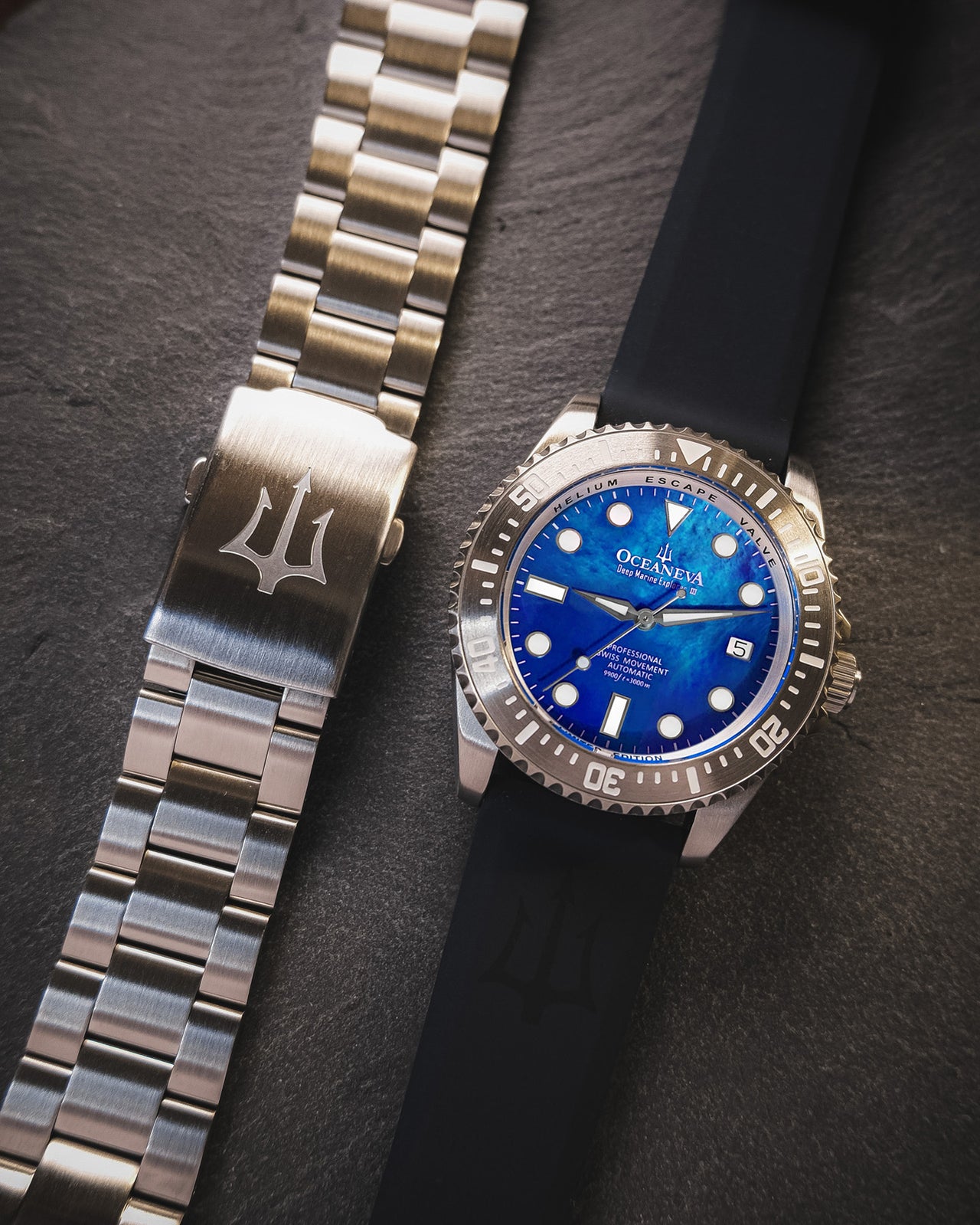 Oceaneva 3000M Dive Watch Blue Mother of Pearl Front Pictured With Rubber Strap