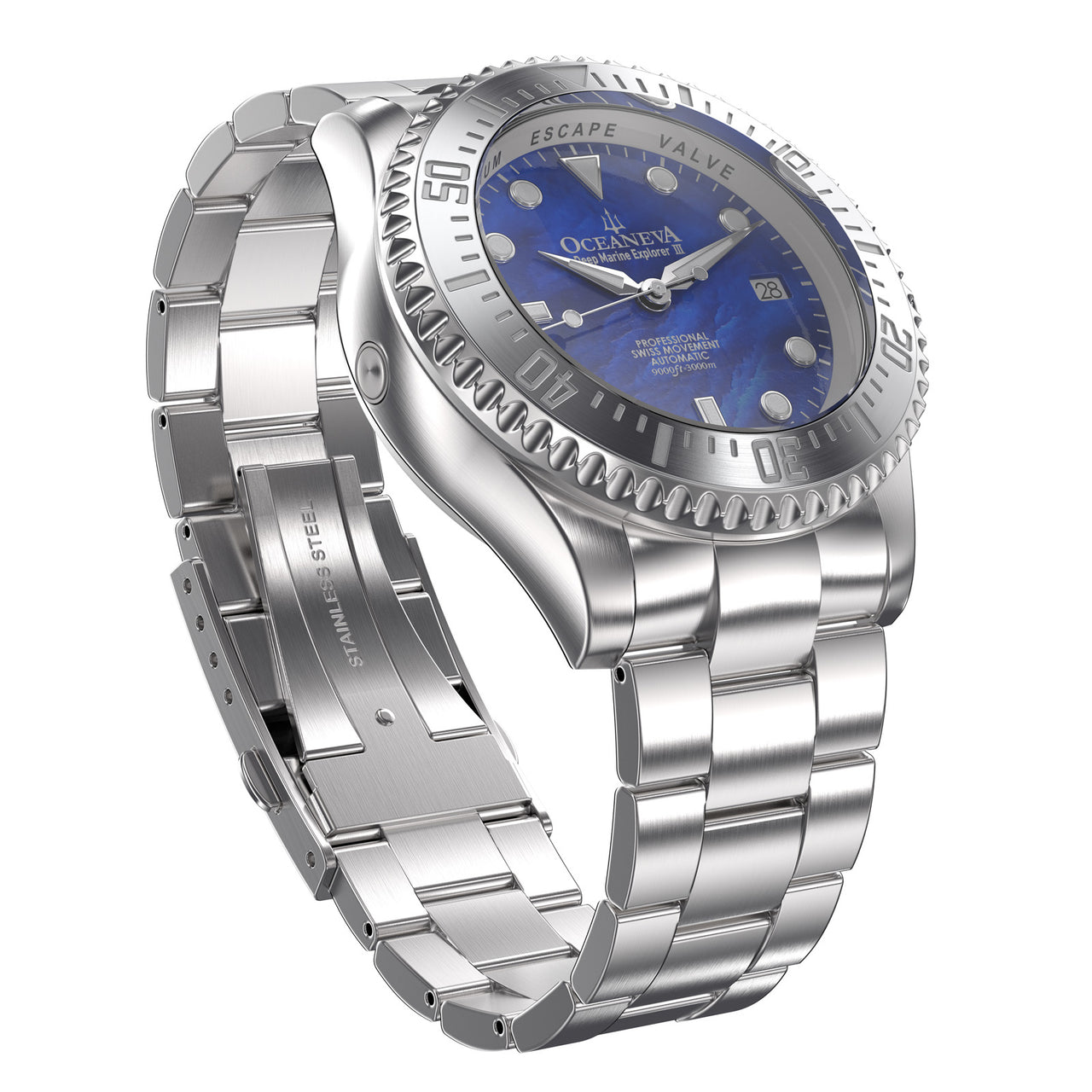 Oceaneva 3000M Dive Watch Blue Mother of Pearl Front Picture Slight Right Slant View