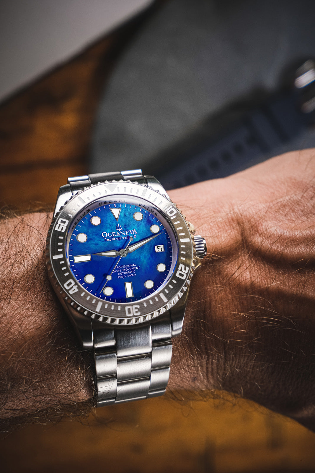 Oceaneva 3000M Dive Watch Blue Mother of Pearl On Wrist