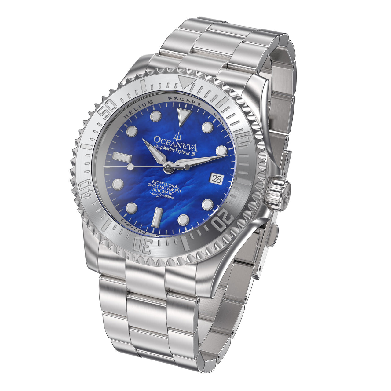 Oceaneva 3000M Dive Watch Blue Mother of Pearl Front Picture Slight Left Slant View