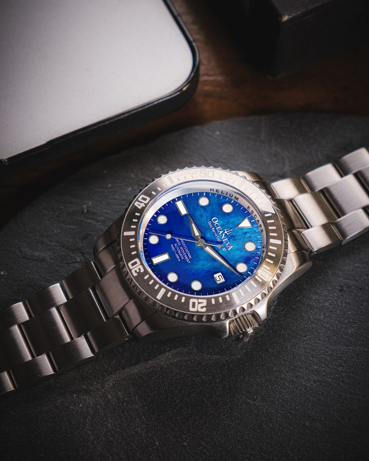 Oceaneva 3000M Dive Watch Blue Mother of Pearl Lying Flat