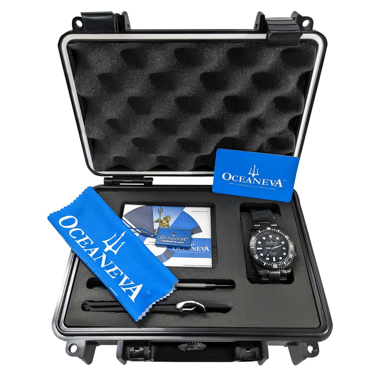 Oceaneva Men's Deep Marine Explorer III 3000M Pro Diver Watch Gun Metal Gray Mother Of Pearl Dial Black IP With packaging