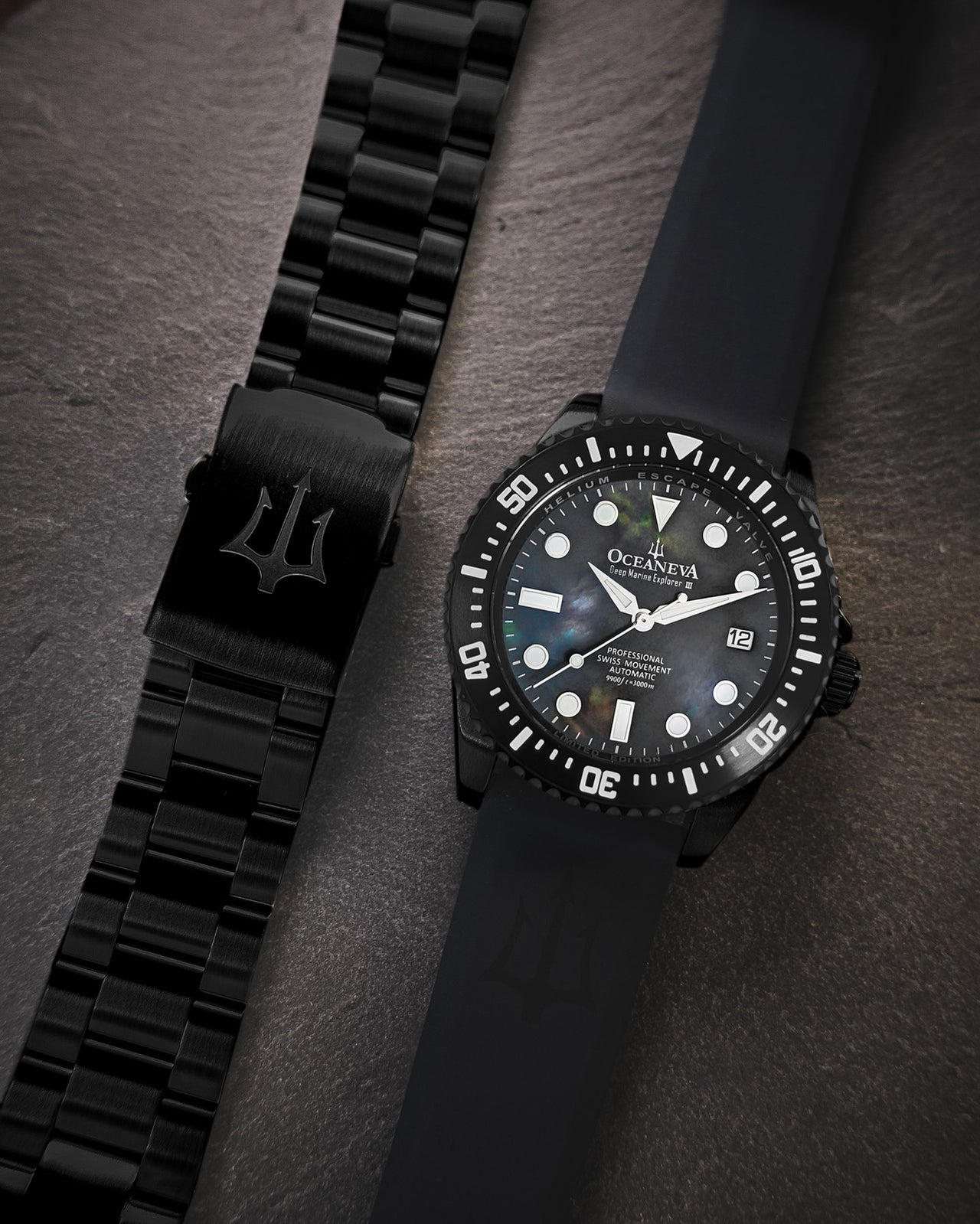 Oceaneva 3000M Dive Watch Gun Metal Gray Mother of Pearl Front Pictured With Rubber Strap